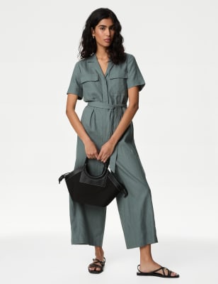 Linen Blend Belted Utility Jumpsuit