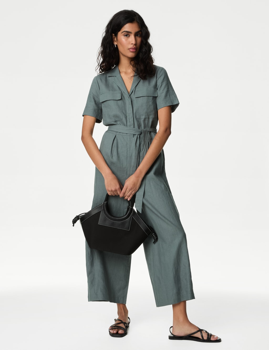 Linen Blend Belted Utility Jumpsuit