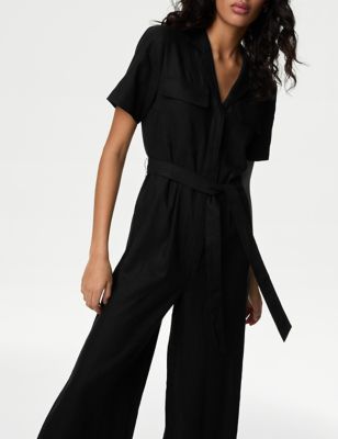 M&S Womens Linen Blend Belted Utility Jumpsuit - 6REG - Black, Black,Dark Sage
