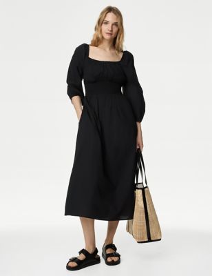 M&S Women's Pure Cotton Square Neck Midaxi Dress - 10REG - Black, Black,Ecru