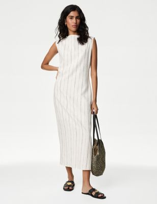 M&S Womens Linen Blend Striped Midaxi Bodycon Dress - 6REG - Ivory Mix, Ivory Mix