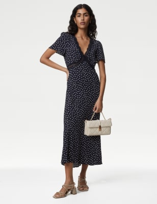 Printed V-Neck Lace Insert Midi Tea Dress