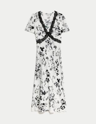 Printed V-Neck Lace Insert Midi Tea Dress