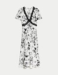 Printed V-Neck Lace Insert Midi Tea Dress
