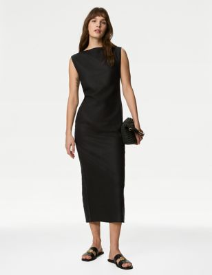 M&S Womens Linen Rich Ruched Midaxi Bodycon Dress - 6REG - Black, Black,Neutral