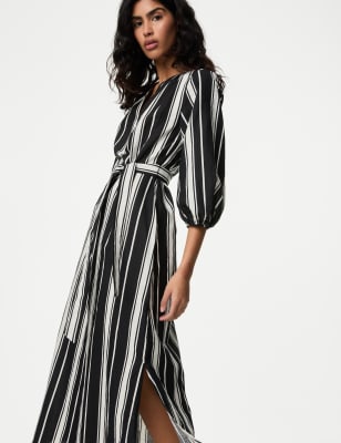 Linen Rich V-Neck Belted Maxi Column Dress