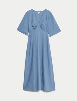 

Womens M&S Collection Linen Blend V-Neck Midaxi Tea Dress - Blue, Blue