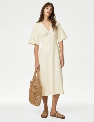 M&S Womens Linen Blend V-Neck Midaxi Tea Dress - 6REG - Ecru, Ecru