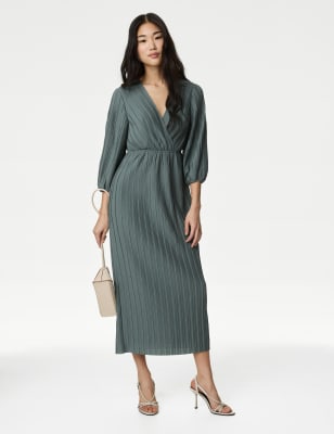 M&S Women's Pleated V-Neck Midaxi Wrap Dress - 8REG - Dark Sage, Dark Sage