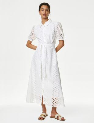 M&S Womens Pure Cotton Broderie Midi Shirt Dress - 8LNG - Soft White, Soft White