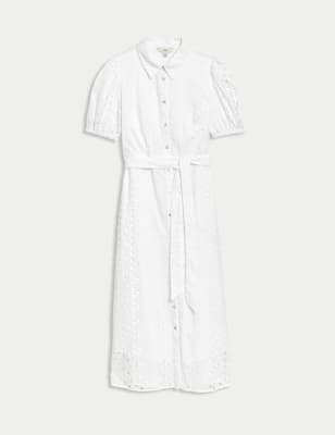 Pure Cotton Broderie Midi Shirt Dress