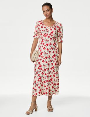

Womens M&S Collection Printed Frill Detail Maxi Tea Dress - Red Mix, Red Mix