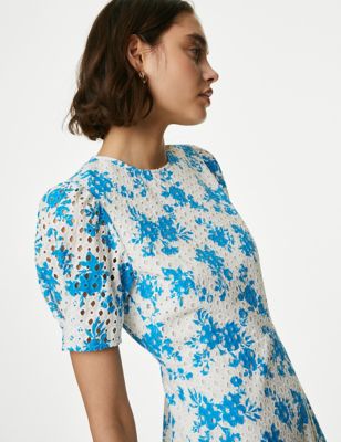 Pure Cotton Floral Cutwork Detail Midi Tea Dress - HR