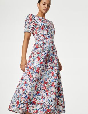 M&S Womens Pure Cotton Floral Cutwork Detail Midi Tea Dress - 10REG - Multi, Multi