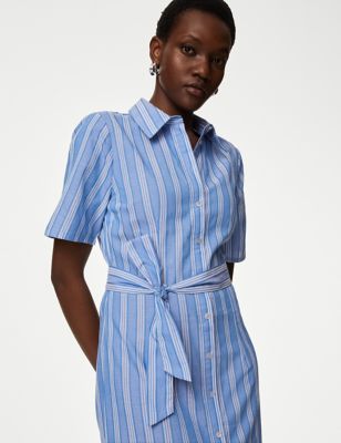

Womens M&S Collection Pure Cotton Tie Waist Midi Shirt Dress - Blue Mix, Blue Mix