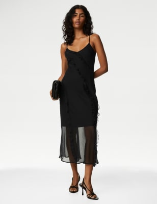 

Womens M&S Collection Sheer Strappy Ruffle Midaxi Slip Dress - Black, Black