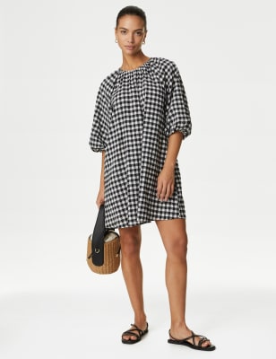 Checked Puff Sleeve Mini Smock Dress - NZ