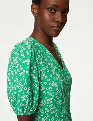 M&S Womens Floral V-Neck Midi Tea Dress - 6REG - Green Mix, Green Mix