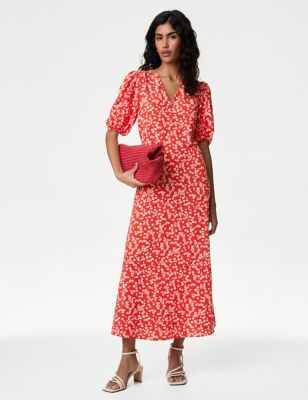 M&S Womens Ditsy Floral V-Neck Midaxi Tea Dress - 10PET - Red Mix, Red Mix