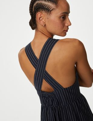 M&S Womens Linen Rich Striped Midi Waisted Dress - 10REG - Navy Mix, Navy Mix
