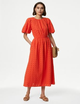 M&S Womens Pure Cotton Checked Midi Waisted Dress - 22REG - Orange, Orange