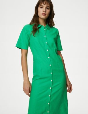 M&S Womens Linen Rich Midaxi Shirt Dress - 6REG - Green, Green