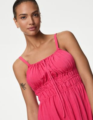 M&S Womens Crinkle Smocked Cami Midi Slip Dress - 8LNG - Pink, Pink