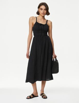 

Womens M&S Collection Crinkle Smocked Cami Midi Slip Dress - Black, Black