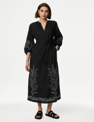 M&S Womens Pure Cotton Embroidered Midi Waisted Dress - 6REG - Black Mix, Black Mix