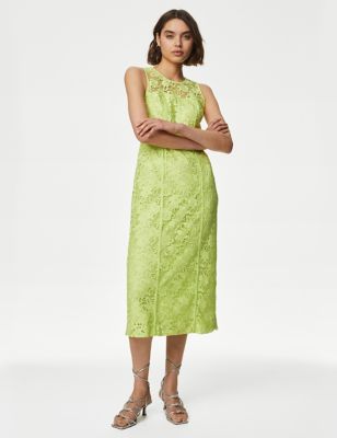 M&S Womens Lace Midi Column Dress - 10REG - Soft Lime, Soft Lime