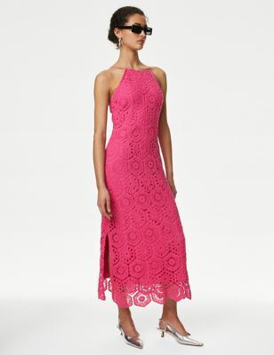 M&S Womens Cotton Rich Textured Midaxi Slip Dress - 6REG - Pink, Pink,Ecru