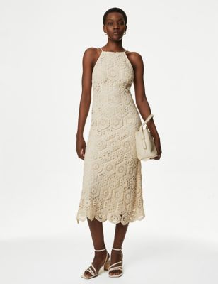 M&S Womens Cotton Rich Textured Midaxi Slip Dress - 10REG - Ecru, Ecru