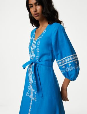 M&S Women's Linen Rich Embroidered V-Neck Day Dress - 10REG - Blue Mix, Blue Mix,Ivory Mix