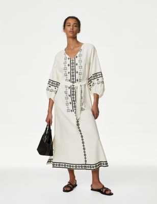 

Womens M&S Collection Linen Rich Embroidered V-Neck Day Dress - Ivory Mix, Ivory Mix