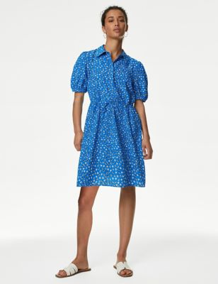 M&S Women's Printed Collared Tie Waist Mini Shirt Dress - 24REG - Blue Mix, Blue Mix