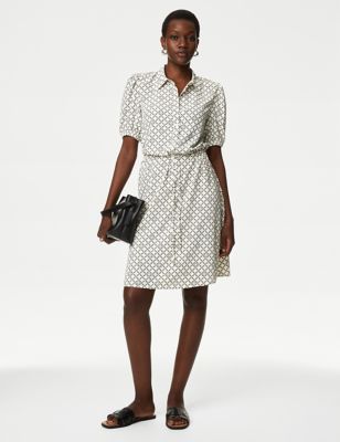 

Womens M&S Collection Printed Collared Tie Waist Mini Shirt Dress - Ivory Mix, Ivory Mix