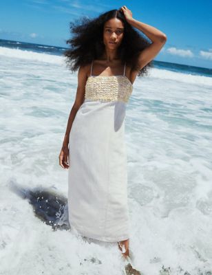 M&S Womens Linen Blend Embellished Midaxi Column Dress - 6REG - Ivory, Ivory