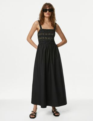 M&S Women's Pure Cotton Embellished Midaxi Shirred Dress - 10REG - Black, Black