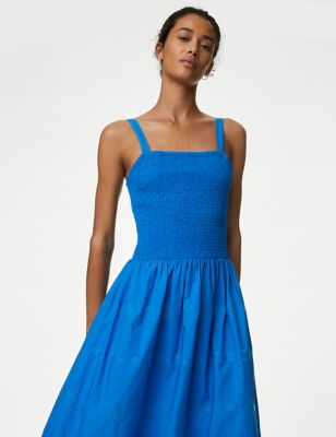 M&S Womens Pure Cotton Square Neck Shirred Midi Dress - 10REG - Blue, Blue