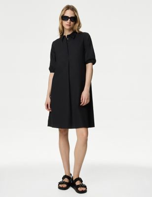 M&S Womens Pure Cotton Puff Sleeve Mini Swing Dress - 24REG - Black, Black,Conker