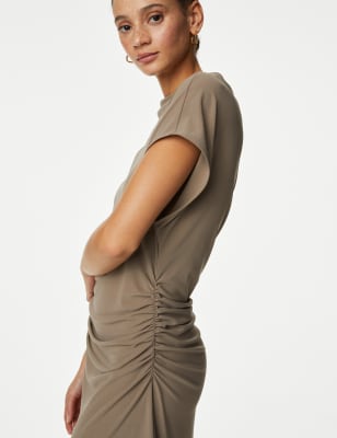 Jersey Cowl Neck Ruched Midi Bodycon Dress