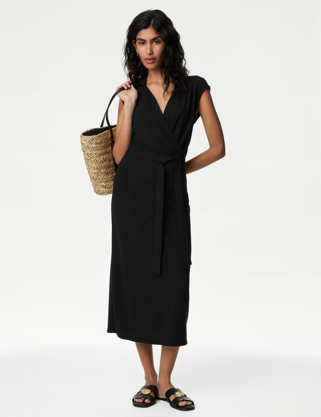 Jersey Collared V-Neck Midi Wrap Dress