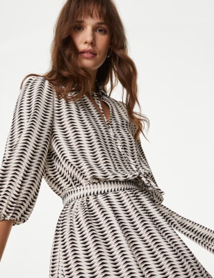 Geometric Tie Neck Mini Shirt Dress - CA