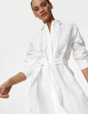 M&S Women's Cotton Rich Collared Belted Midi Shirt Dress - 10REG - Soft White, Soft White