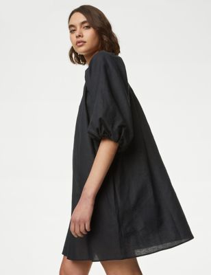 M&S Womens Linen Rich Puff Sleeve Mini Smock Dress - 10REG - Black, Black