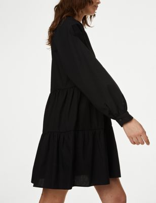 M&S Womens Pure Cotton V-Neck Mini Tiered Dress - 22REG - Black, Black