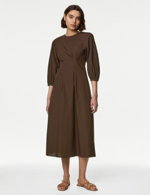 Pure Cotton Round Neck Midaxi Waisted Dress - NZ