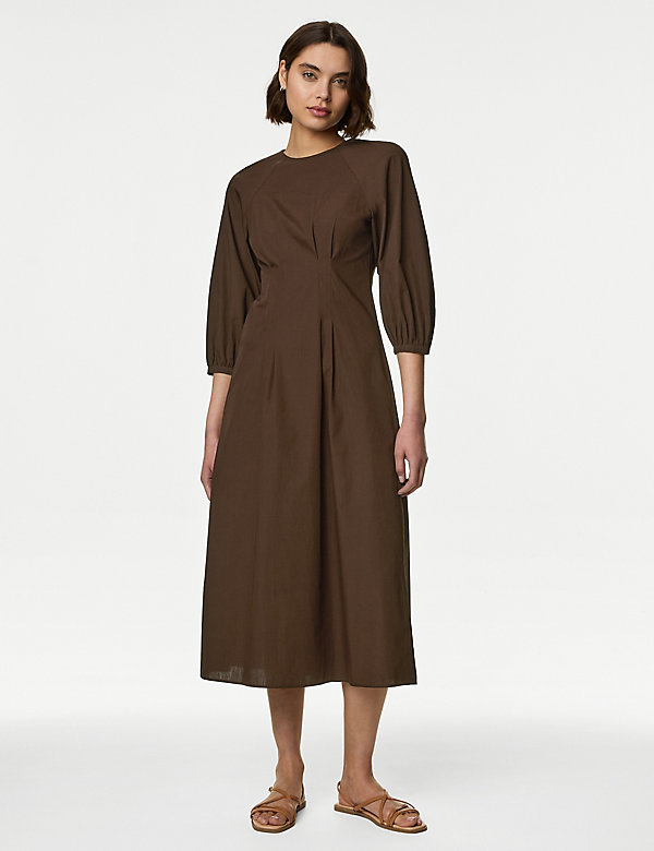Pure Cotton Round Neck Midaxi Waisted Dress - IL