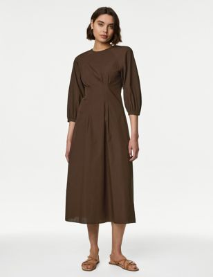 M&S Womens Pure Cotton Round Neck Midaxi Waisted Dress - 8REG - Chocolate, Chocolate