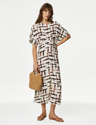 

Womens M&S Collection Printed Draped Midaxi Tea Dress - Brown Mix, Brown Mix